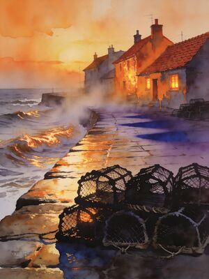 Staithes Sunset Shore Watercolor Canvas Print