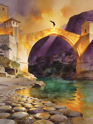 Stari Most Bridge over Neretva at Golden Hour Watercolor Canvas Print