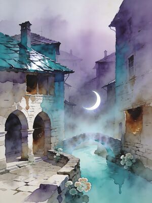 Mostar Old Bridge Town in Morning Mist Watercolor Canvas Print