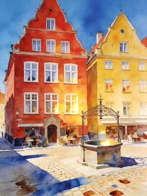 Stockholm Djurgarden Waterfront Morning Watercolor Canvas Print