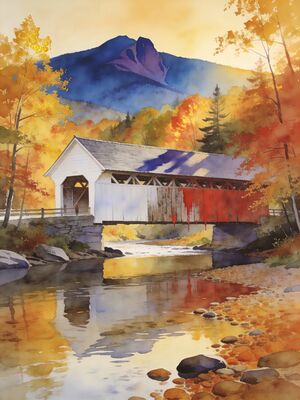 Stowe Mount Mansfield Covered Bridge Watercolor Canvas Print
