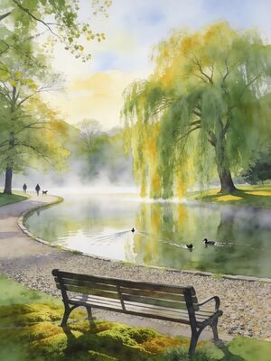 Streatham Common Pond with Willows Watercolor Canvas Print
