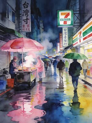 Taipei Ximending Pedestrian District Watercolor Canvas Print