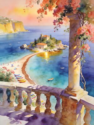 Taormina Harbor View Watercolor Canvas Print