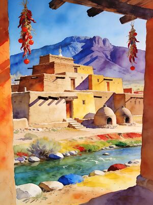 Taos New Mexico Pueblo Adobe Watercolor Canvas Print