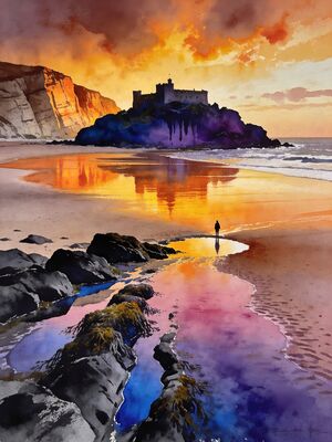 Tenby Sunset Shore Watercolor Canvas Print