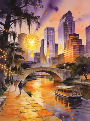 Texas Austin Congress Bridge Skyline Watercolor Canvas Print