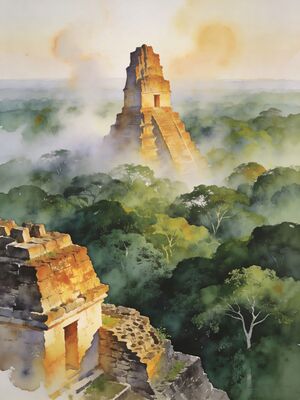 Tikal Temple Above Jungle Canopy Watercolor Canvas Print