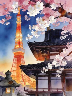 Tokyo Shibuya Crossing at Twilight Watercolor Canvas Print