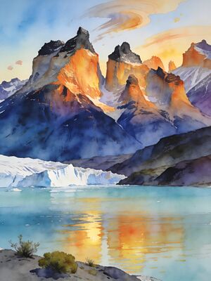 Torres del Paine Cuernos at Sunrise Watercolor Canvas Print