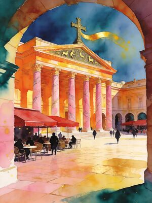 Toulouse Church Plaza Watercolor Canvas Print