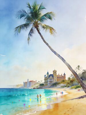 Tobago Castara Bay Panorama Watercolor Canvas Print