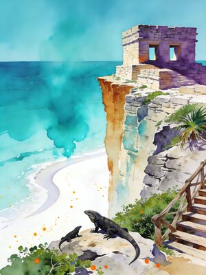 Tulum Mayan Ruins Caribbean Cliff Watercolor Canvas Print