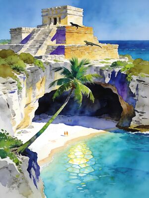 Tulum Ruins Clifftop Temple Caribbean Watercolor Canvas Print
