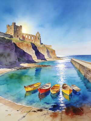 Tynemouth Sunset Shore Watercolor Canvas Print