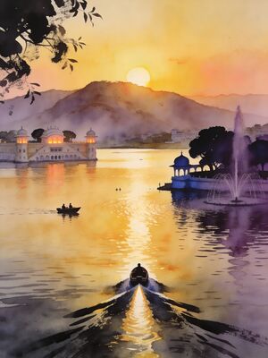 Udaipur City Palace from the Lake Watercolor Canvas Print