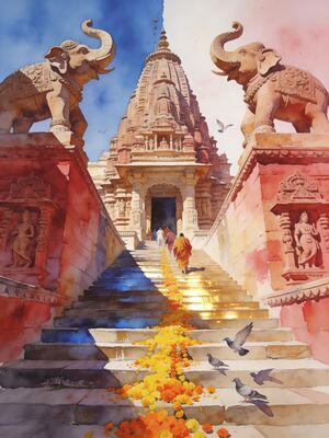 Udaipur Jagdish Temple Steps Watercolor Canvas Print