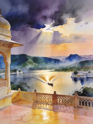 Udaipur Monsoon Palace Hilltop Watercolor Canvas Print