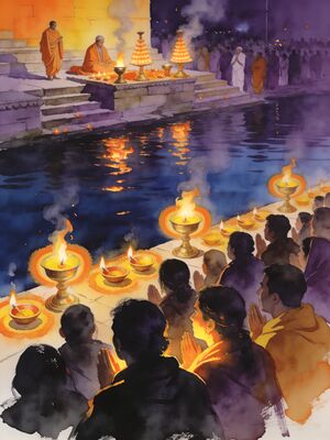 Varanasi Ghats Narrow Lane to Ganga Watercolor Canvas Print