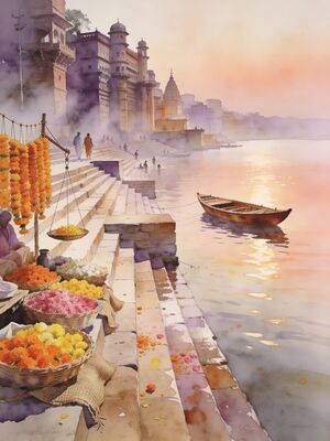 Varanasi Ghats Boat on Ganges Sunrise Watercolor Canvas Print