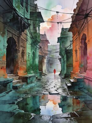 Varanasi Old City Silk Weaver Workshop Watercolor Canvas Print