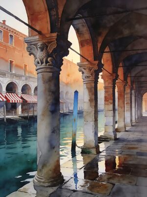 Venice Cathedral Square Golden Hour Watercolor Canvas Print