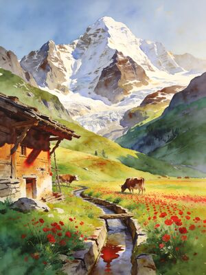 Verbier Summit Panorama Watercolor Canvas Print