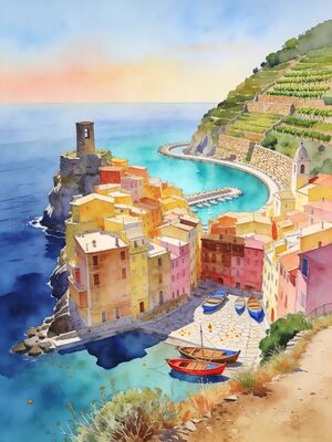 Vernazza Harbor Tower Terraces Watercolor Canvas Print