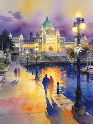 Victoria BC Inner Harbour Parliament Watercolor Canvas Print