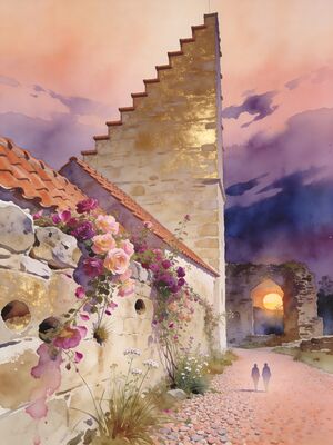 Visby Medieval Wall and Rose Gardens Watercolor Canvas Print