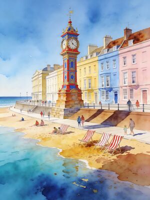 Weymouth Esplanade and Georgian Harbor Watercolor Canvas Print