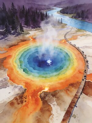 Yellowstone Grand Prismatic Spring Watercolor Canvas Print