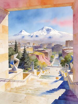 Yerevan Cascade Mount Ararat Watercolor Canvas Print