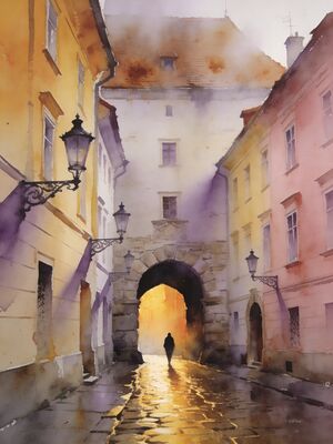 Zagreb Historic Quarter Cobblestone Walk Watercolor Canvas Print