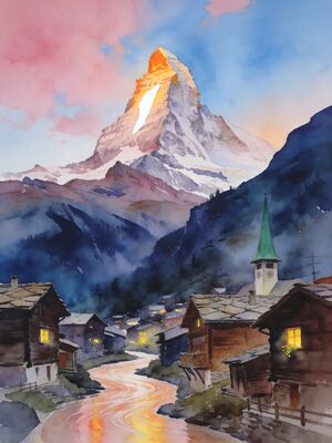 Zermatt Alpine Meadow Watercolor Canvas Print