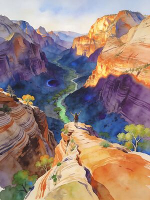 Zion Angels Landing Canyon View Watercolor Canvas Print