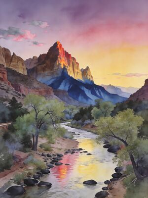 Zion Narrows Slot Canyon and River Watercolor Canvas Print