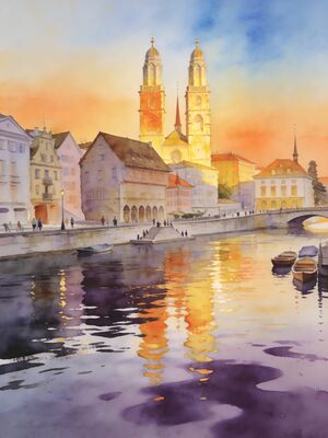 Zurich Downtown Walk Watercolor Canvas Print