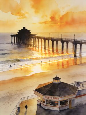 Huntington Beach Watercolor Canvas Print