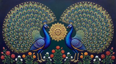 Peacock Pair Full Display Facing Canvas Wall Art