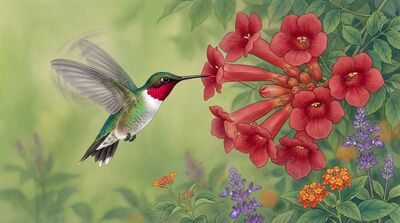 Hummingbird Hovering at Flowers Canvas Wall Art