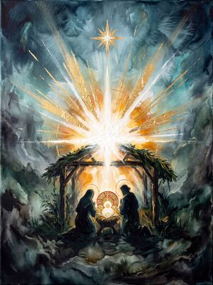 Nativity Scene Golden Star Canvas Painting