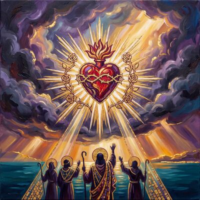 Sacred Heart Golden Flames Canvas Painting