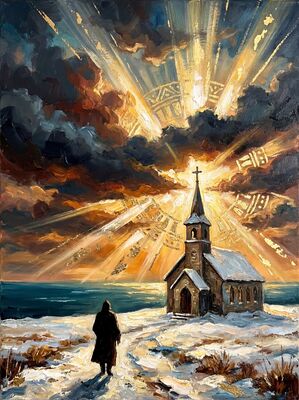 Snow Covered Church Ochre Sky Canvas Painting