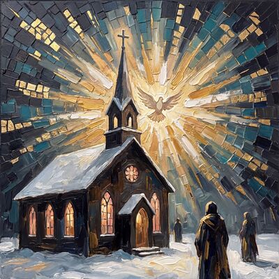 Country Church Rose Gold Winter Canvas Painting