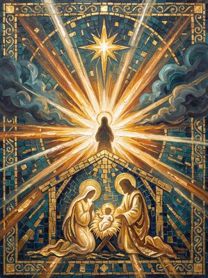 Nativity Scene Teal and Gold Canvas Painting