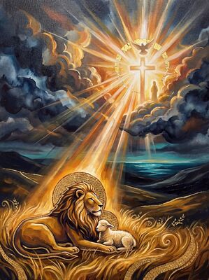 Lion and Lamb Amber Navy Canvas Painting
