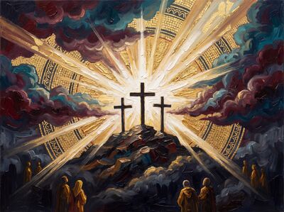 Three Crosses Golgotha Burgundy Canvas Wall Art