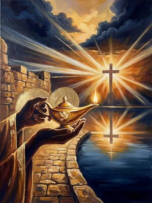 Stone Pathway Glowing Cross Amber Canvas Wall Art