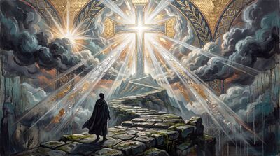 Ancient Stone Path Cross at Dawn Canvas Wall Art